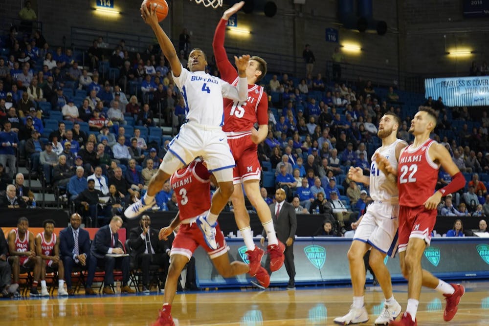 <p>Senior Guard Davonta Jordan goes in for the shot against Miami OH on Monday night.</p>