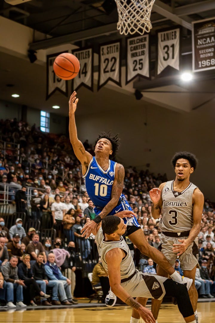  Senior guard Ronaldo Segu (10) goes up for a shot during UB’s 68-65 loss to St. Bonaventure at the Reilly Center Saturday.

