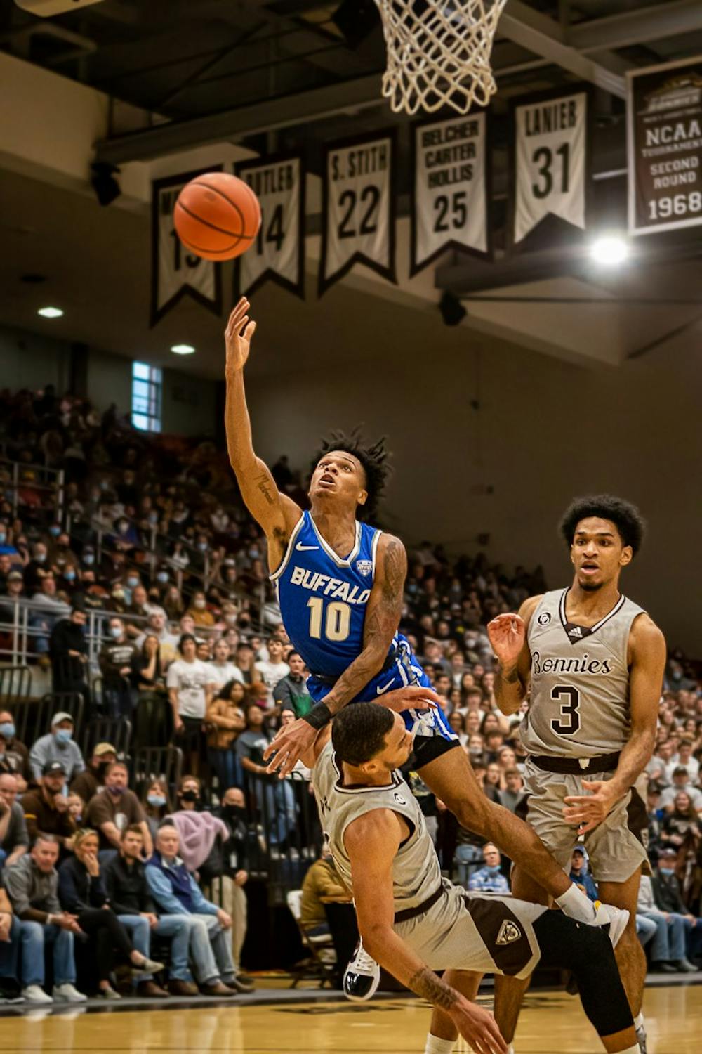  Senior guard Ronaldo Segu (10) goes up for a shot during UB’s 68-65 loss to St. Bonaventure at the Reilly Center Saturday.
