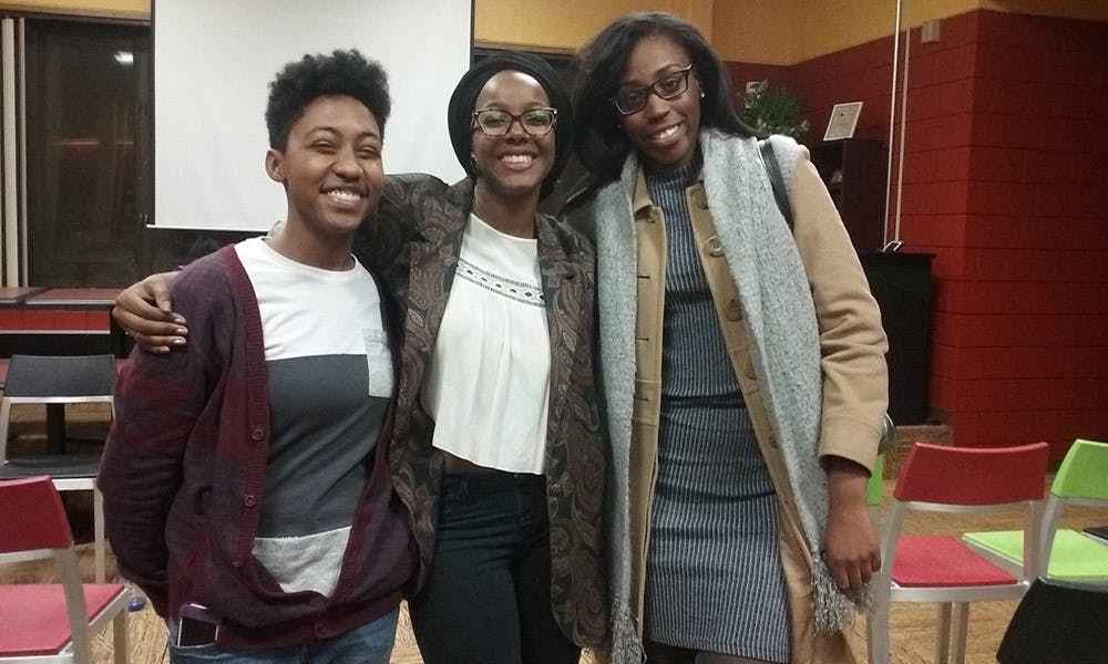 <p>UB graduate student Aisha Abdelmula’s (pictured middle) "Black Lives Matter" film explores the lives of black students on campus. Afiya Grant (left) and Christina Dunn (right) are two participants featured in the film.&nbsp;The “Black Lives Matter” movement rallies against violence and injustice toward black people.</p>