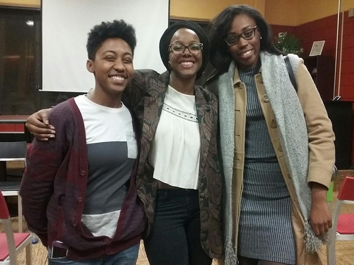 UB graduate student Aisha Abdelmula’s (pictured middle) "Black Lives Matter" film explores the lives of black students on campus. Afiya Grant (left) and Christina Dunn (right) are two participants featured in the film.&nbsp;The “Black Lives Matter” movement rallies against violence and injustice toward black people.