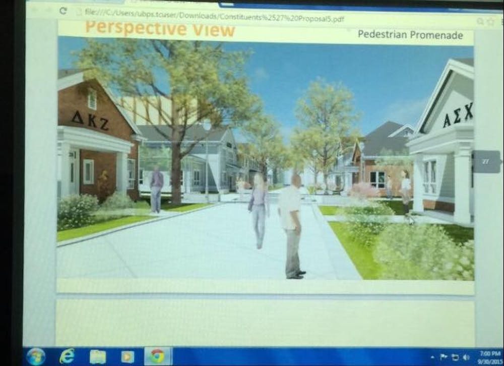 <p>A rendering of SAT Corp's potential Greek village that was presented to UB students last month. The photo was provided to <em>The Spectrum </em>by a student at the presentation. </p>
