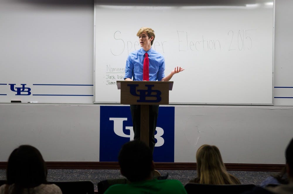 <p>Jimmy Corra, a sophomore economics major, speaks in Student Union 330 Wednesday night at SA Assembly Speaker elections. Corra was elected next year’s Speaker over sophomore political science major Jack Oshei.</p>
