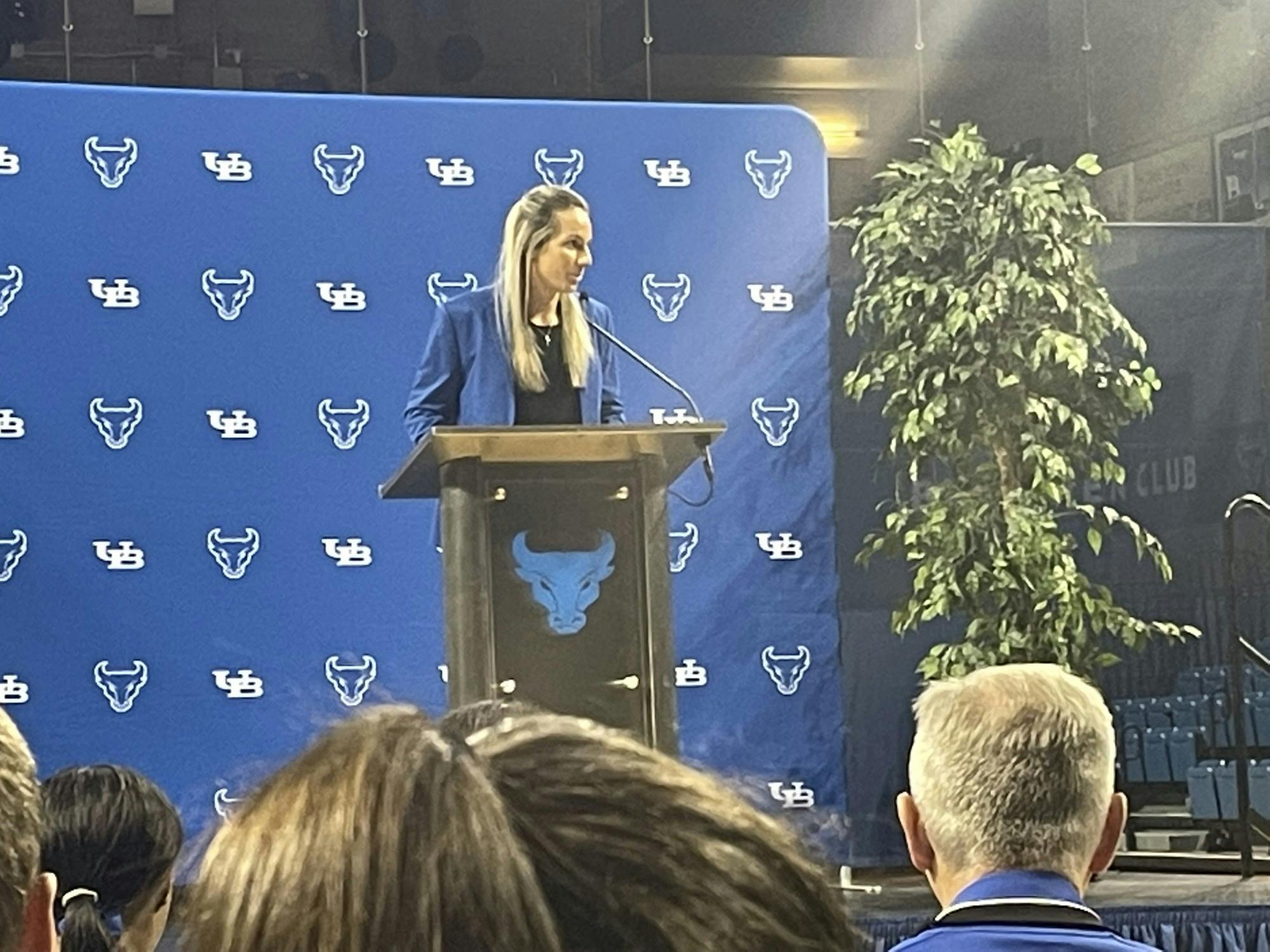 New women’s basketball head coach Becky Burke speaks at her introductory press conference Friday at Alumni Arena.