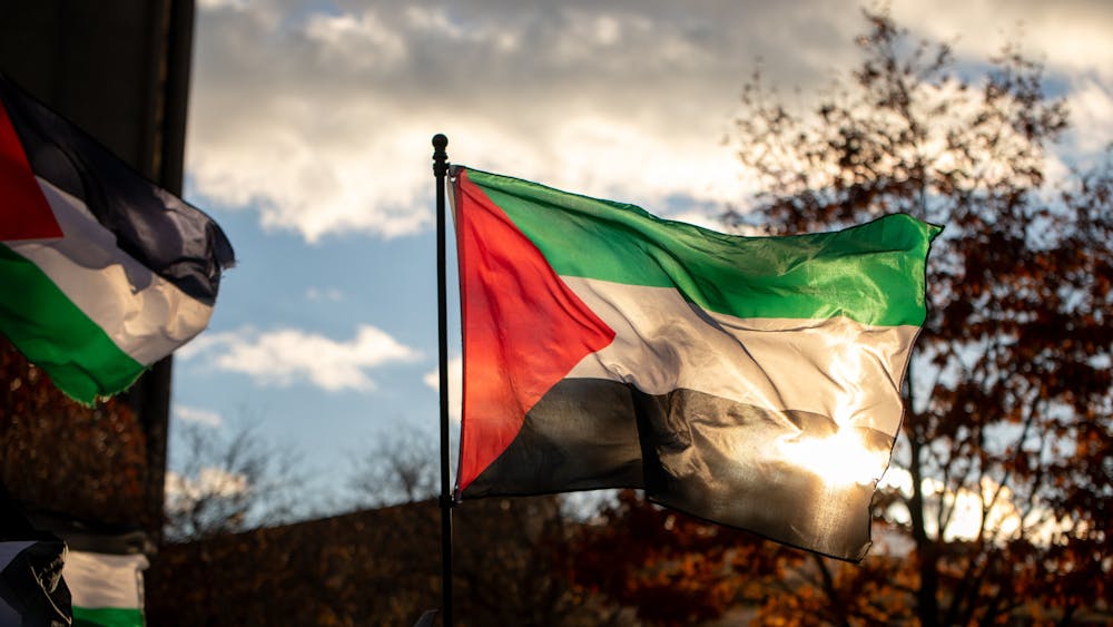 A Palestinian flag flies over Niagara Square.