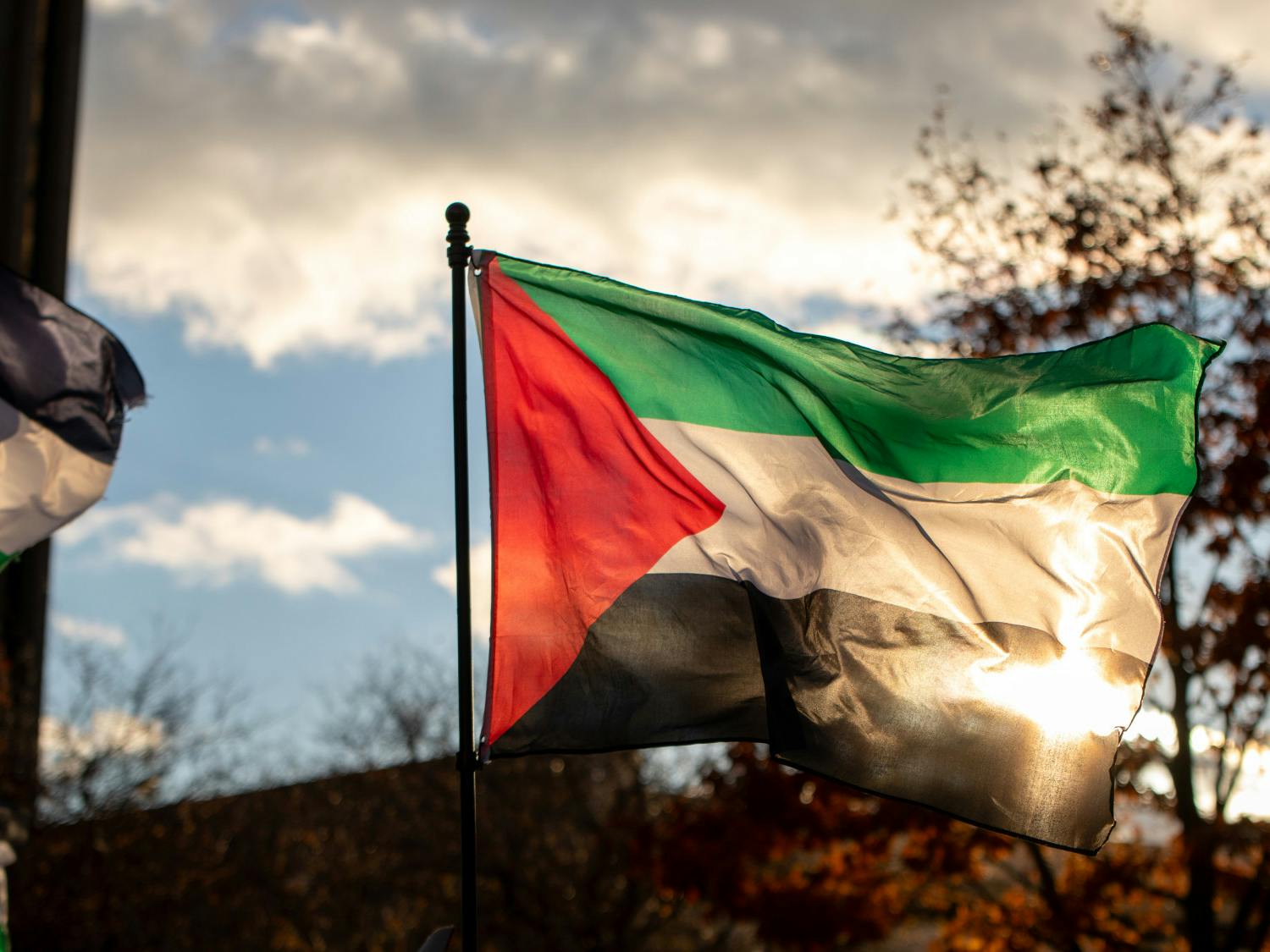 A Palestinian flag flies over Niagara Square.
