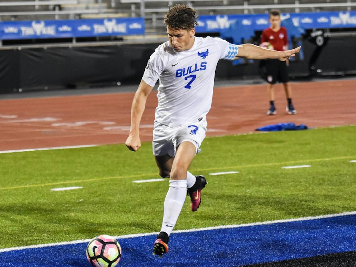 Senior forward Russell Cicerone takes a shot on goal. Cicerone went up in the box with less than a minute left in the game against Western Michigan last Friday. 
