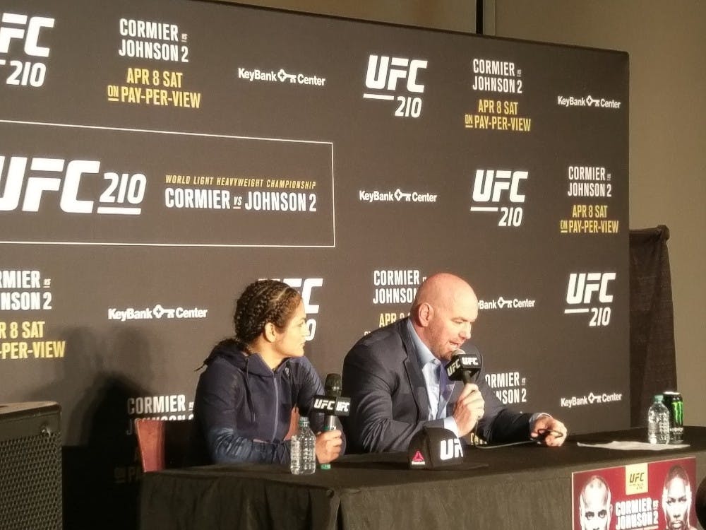 <p>UFC president Dana White (right) and UFC fighter Cynthia Calvillo (left) answer questions at the UFC 210 post fight press conference. White considers the event a success and looks forward to the UFC’s next event in Buffalo.</p>