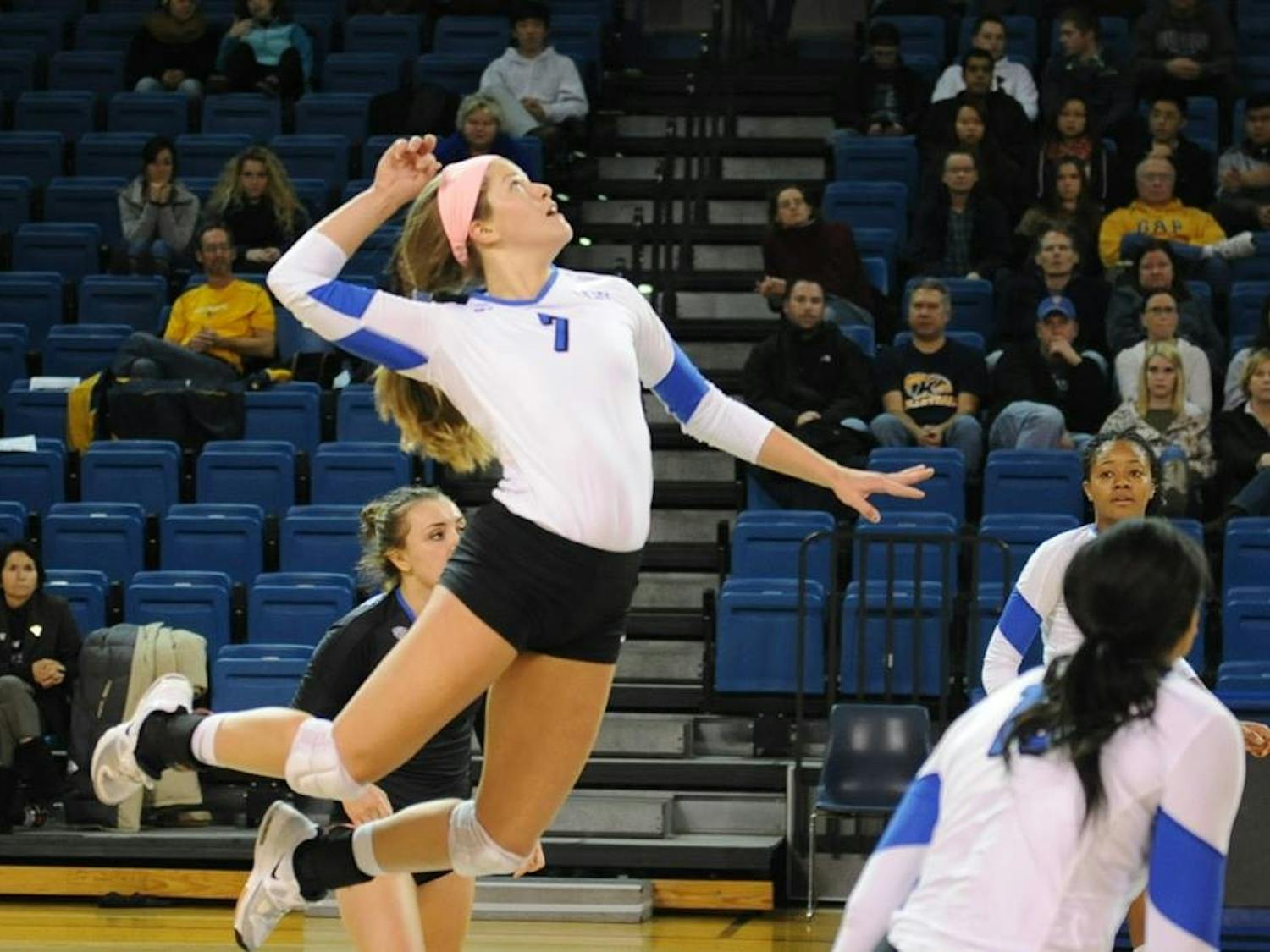 Senior outside hitter Megan Lipski goes for a kill in a game at Alumni Arena last season. The volleyball team has yet to win a game this season. 