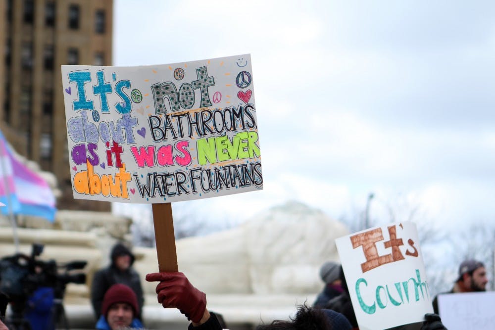 <p>Roughly 200 protesters gathered at Niagara Square to rally for transgender rights. President Donald Trump recently revoked Barack Obama’s policy, which allowed transgender people to use the bathroom of their choice.</p>
