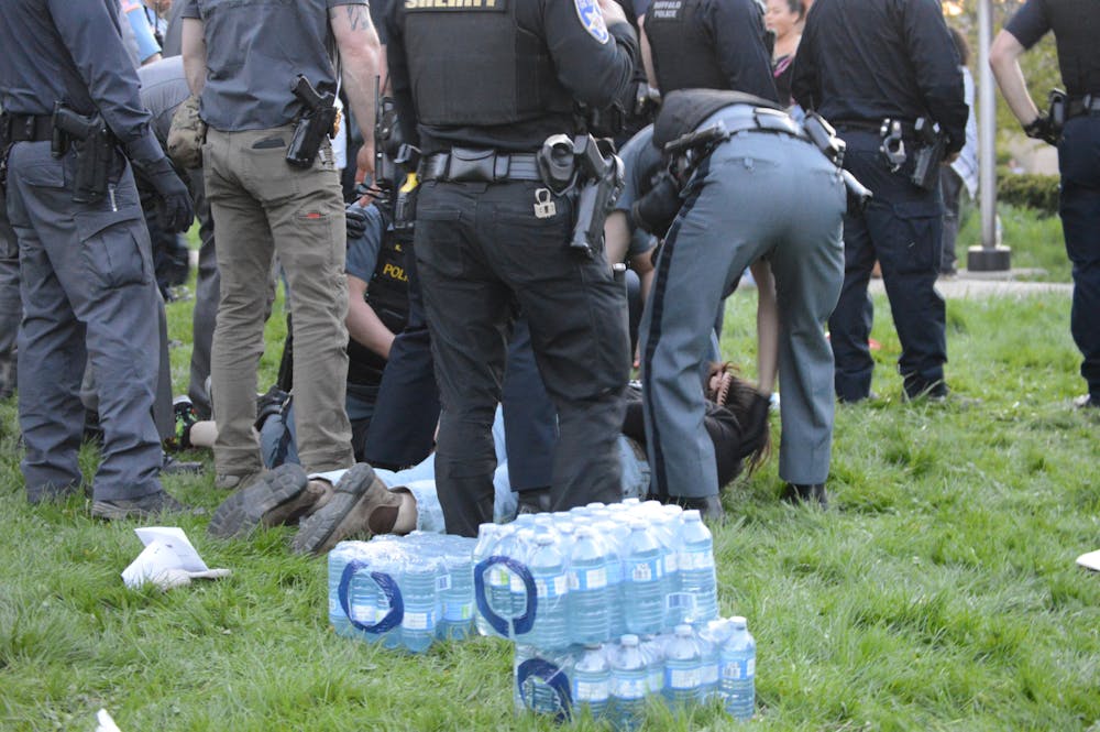 <p>About 85 pro-Palestine demonstrators attempted an encampment on UB's North Campus to call on the UB Foundation to divest from companies tied to Israel. Police forcefully arrested 15 protesters.</p>