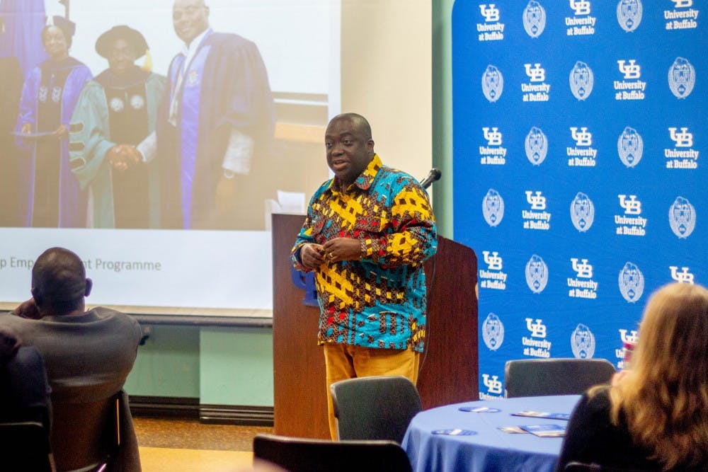 <p>Michael Boakye-Yiadom, a research fellow at the Institute for Educational Planning and Administration at Ghana’s University of Cape Coast, speaks during the inaugural Global Partner Studio institute.</p>