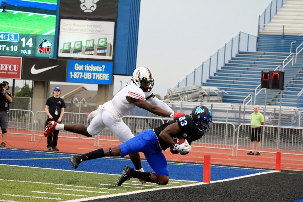 <p>Junior wide receiver Anthony Johnson hauls in a catch near the sideline. Johnson ended last season with an NCAA leading 1,356 yards and a UB record 14 touchdowns.</p>