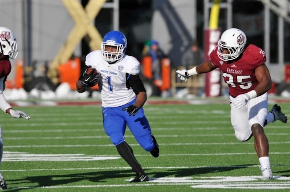 Junior running back Anthone Taylor ran for 237 yards and two touchdowns in the Bulls&#39; 41-21 victory over Massachusetts. Buffalo finishes the season 5-6 and 3-4 in the MAC.&nbsp;Thom Kendall, UMass Athletics.&nbsp;