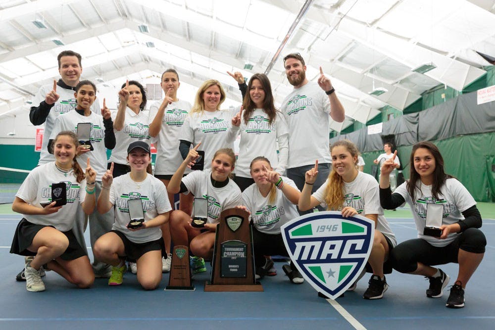 <p>UB's women's tennis team celebrates after winning the MAC Championship. They will travel to Columbus, Ohio for the NCAA Tournament this weekend.</p>