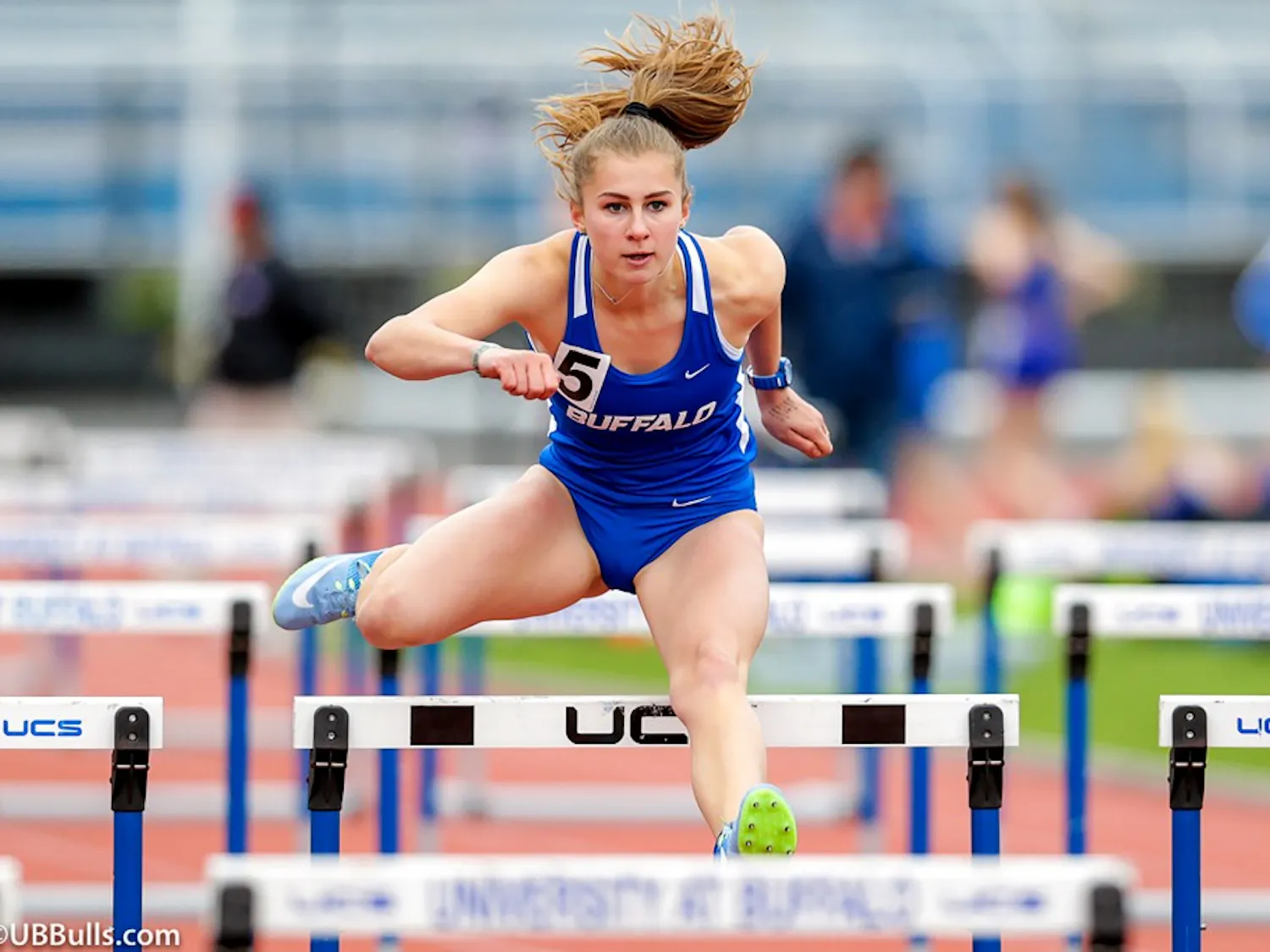 Junior hurdler and high jumper Selina Von Jackowski jumping over hurdles. Von Jackowski is looking to continue her success this season at this weekend's MAC championships.