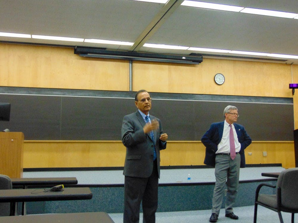 <p>UB President Satish Tripathi and Provost Charles Zukoski spoke to faculty members from the Natural Sciences department&nbsp;at the third town hall meeting of the semester.</p>