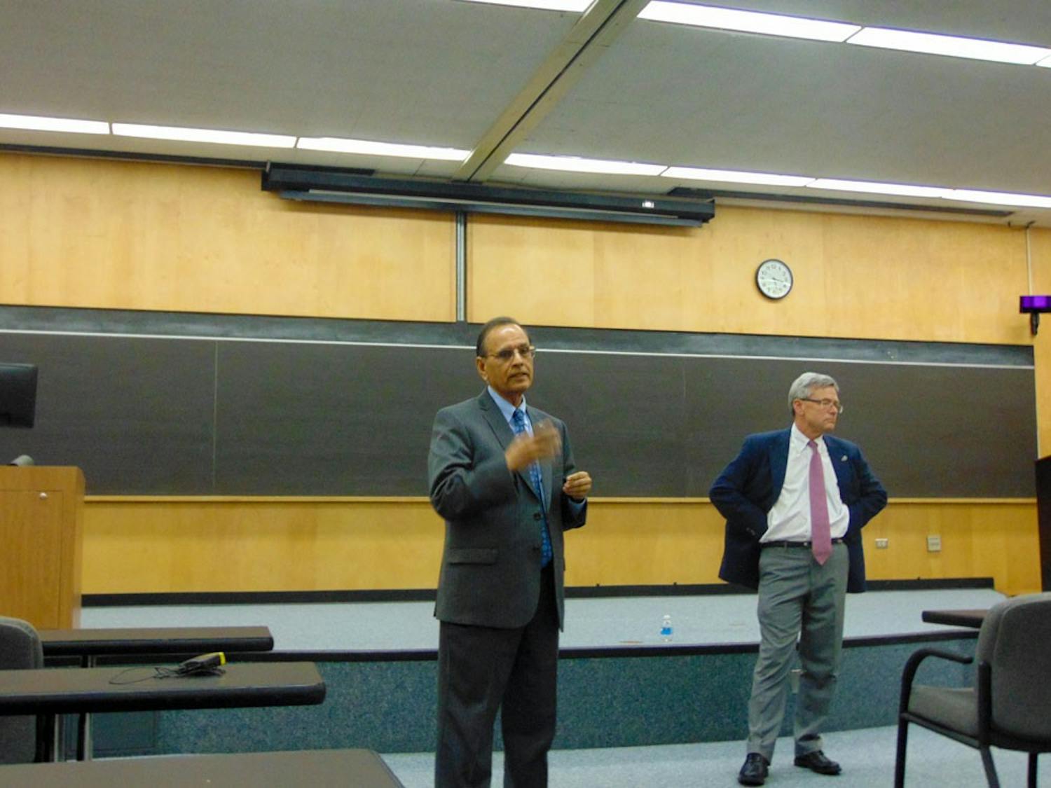 UB President Satish Tripathi and Provost Charles Zukoski spoke to faculty members from the Natural Sciences department&nbsp;at the third town hall meeting of the semester.