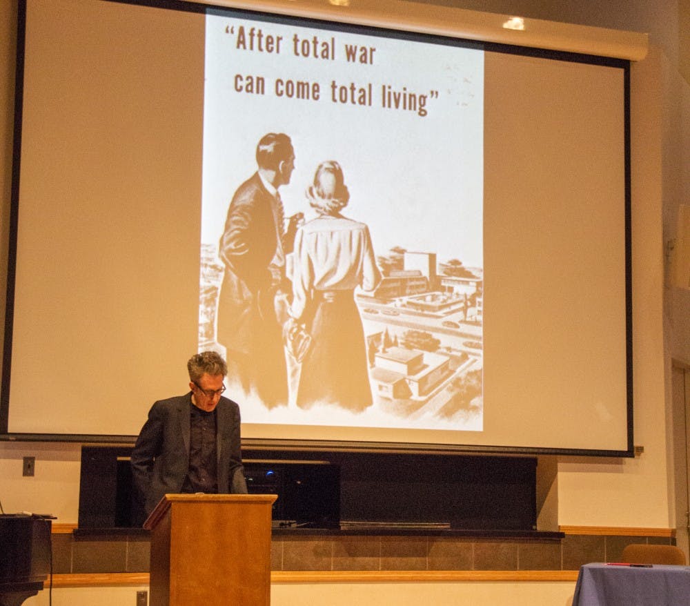 <p>Damien Keane, director of graduate studies and professor in the English department, spoke at Monday’s Humanities to the Rescue symposium. Keane talked about Marlene Dietrich, the invention of the LP and war advertisements.</p>