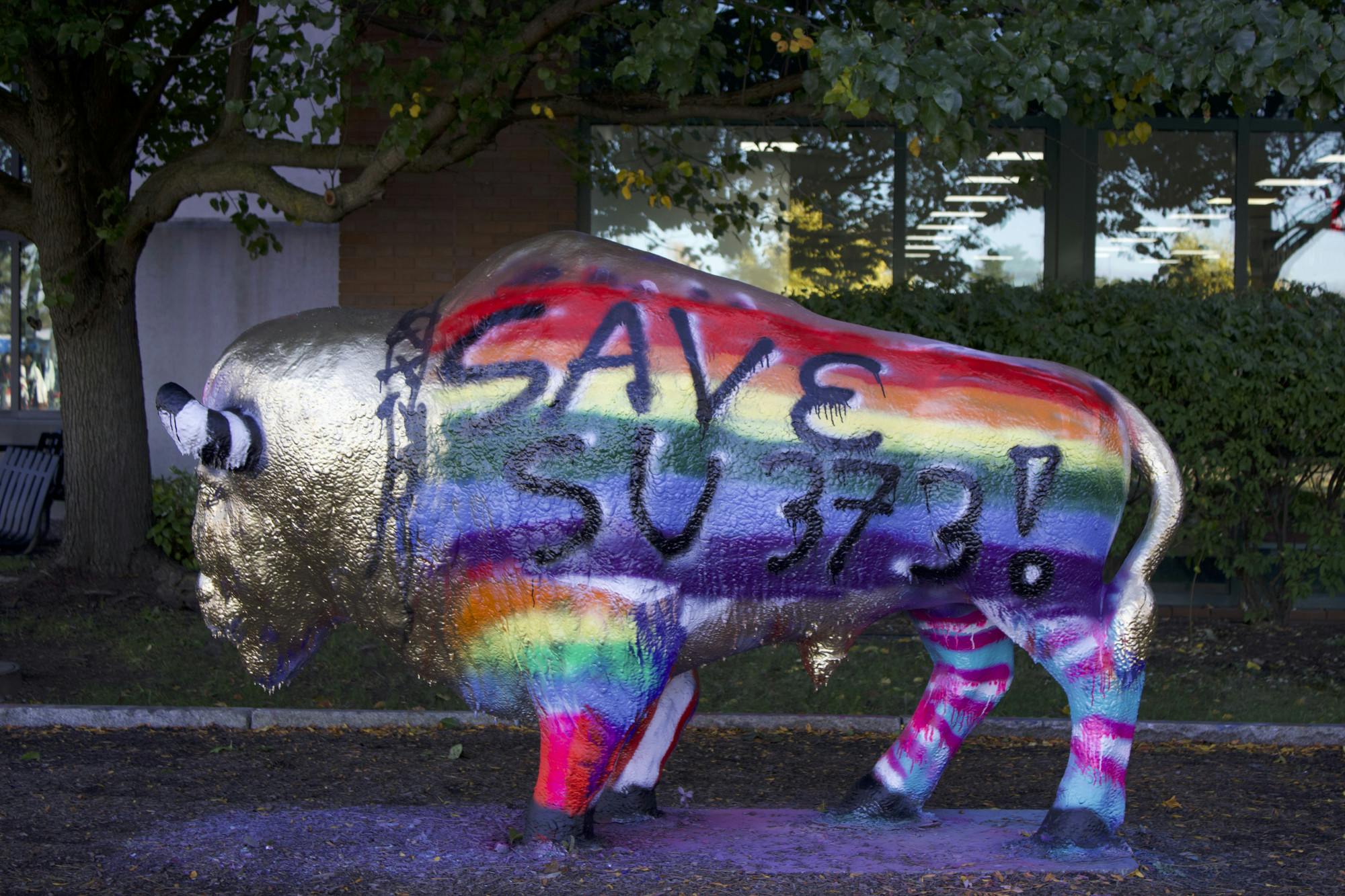 The bull located next to UB’s Student Union was painted on Oct. 27 for a march held by the LGBTA club that protested the closure of the space.
