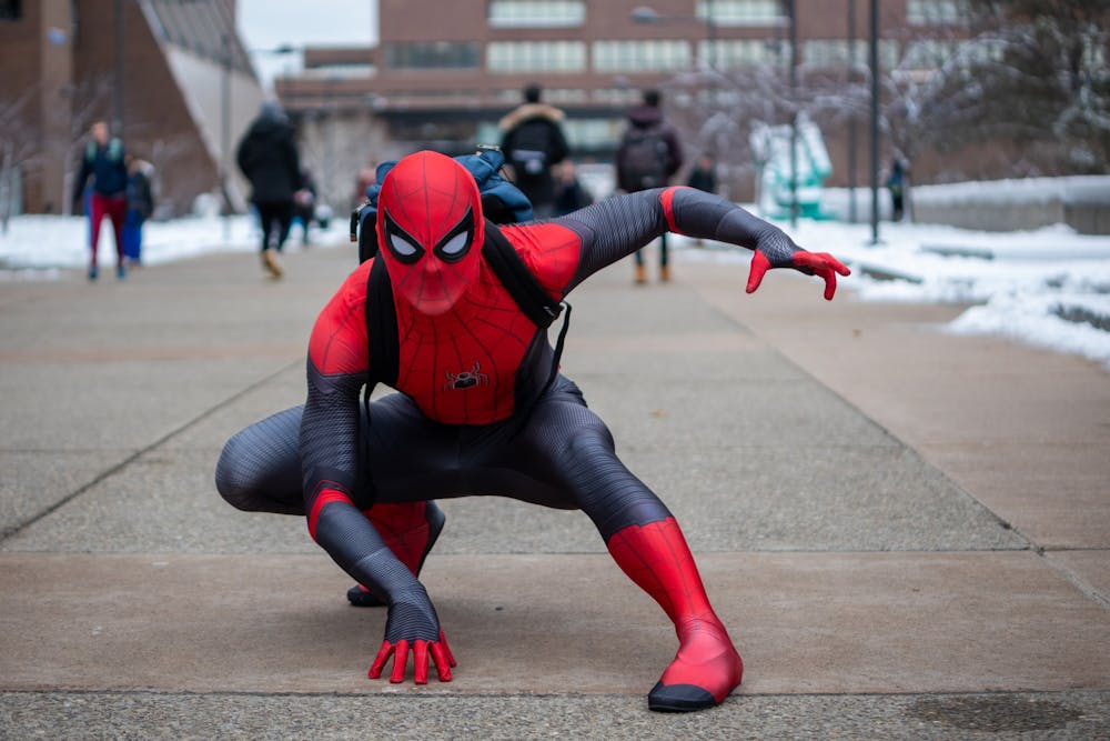 <p>UB Spider-Man recreates iconic Spider-Man poses outside Student Union.</p>