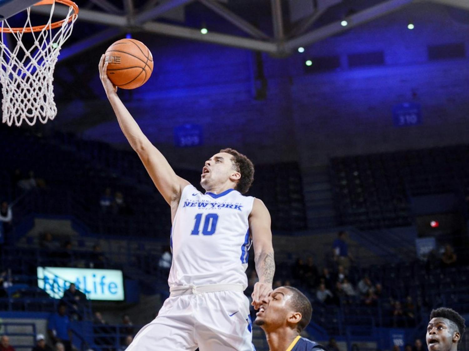 Senior guard Jarryn Skeete makes a layup in Buffalo's 71-69 loss to Akron on Feb. 9. Skeete and the Bulls fell 80-70 on the road to Akron Tuesday night, the team's third straight loss. 