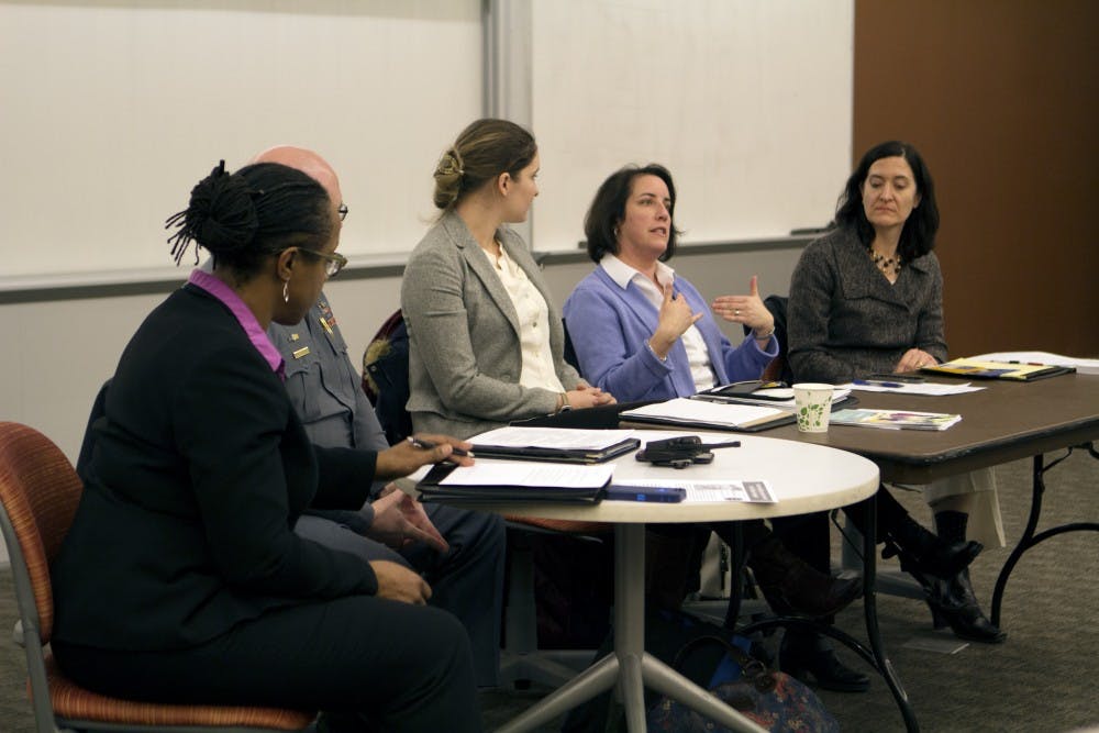 <p>Left to right: Terri Miller, Joshua Sticht, Anna Sotelo Peryea, Elizabeth Lidano and Sharon Nolan-Weiss.&nbsp;Panelists discussed on Tuesday how faculty should respond to victims of sexual assault.</p>