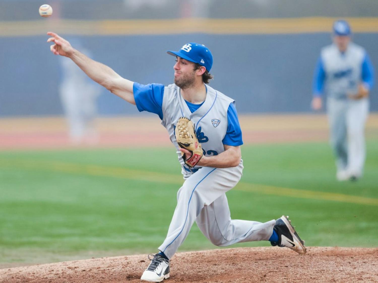 Bulls pitcher Brandon Bentley throws a pitch from the mound. The baseball team own a 7-14 record and 2-4 in the MAC with roughly 30 games to play in the remainder of the season.