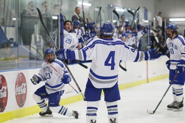 Seniors Michael Schalberg, Chris Marsack and Bryan Bergstol celebrate a goal in Buffalo&rsquo;s playoff loss to Niagara last year. No. 14 Buffalo is 10-2 this season despite a slew of injuries and faces No. 23 Niagara Friday.&nbsp;Chad Cooper, The Spectrum