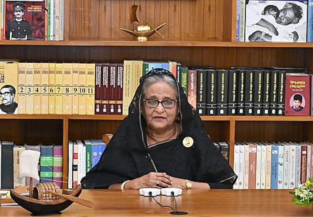 <p>Hasina addressing the public&nbsp;</p>