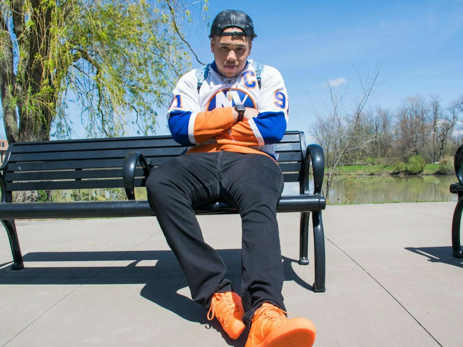 Sophomore offensive lineman Paul Nosworthy in a New York Islanders Jersey. He often sports New York jerseys during the summer.