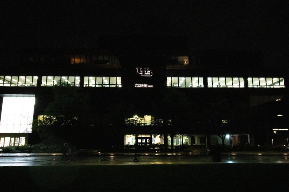 A view of UB's Capen Hall at night.