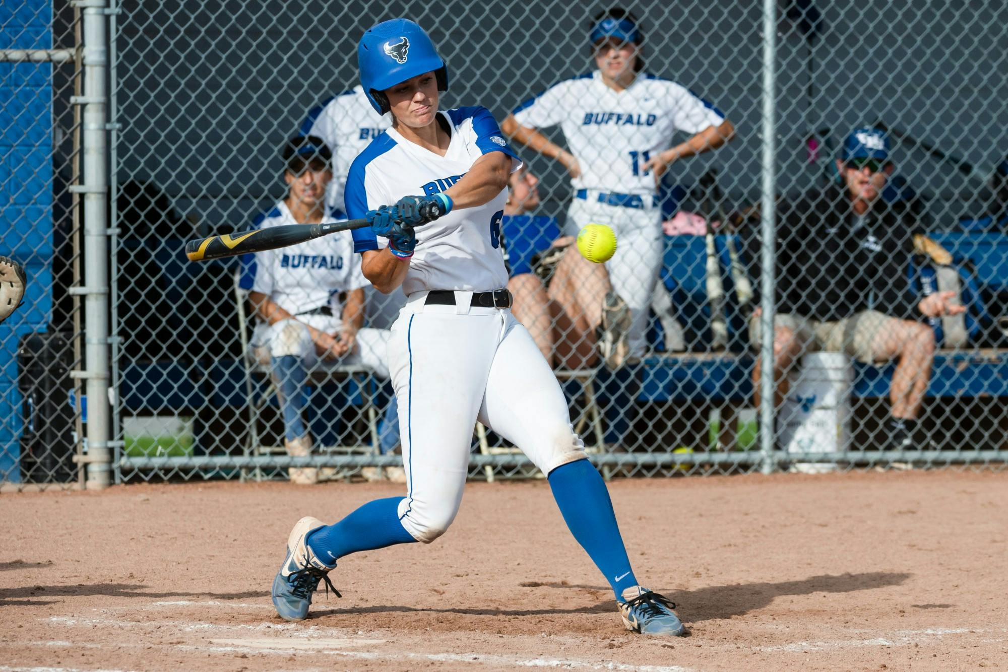 Senior catcher Olivia Kincanon takes a hack during a game last season.&nbsp;