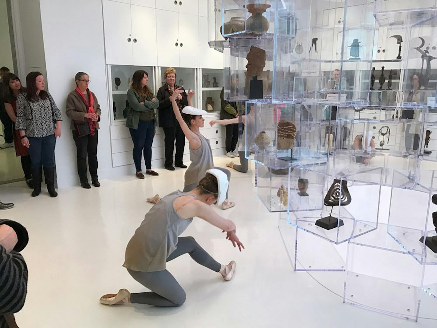 Senior dance major Maggie Hansen (left) and junior dance major Mary Pappagallo (right) perform during the opening night of&nbsp;"The Language of Objects" exhibition at UB's Anderson Gallery.&nbsp;