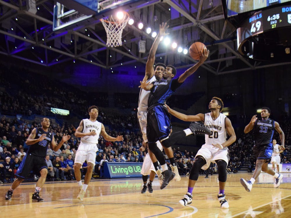 <p>Sophomore guard Lamonte Bearden goes for a layup in a 60-58 loss to St. Bonaventure in Alumni Arena Wednesday night. The loss drops the Bulls to 4-3 before it faces two of the top-10 teams in the country&nbsp;over the next two games.&nbsp;</p>