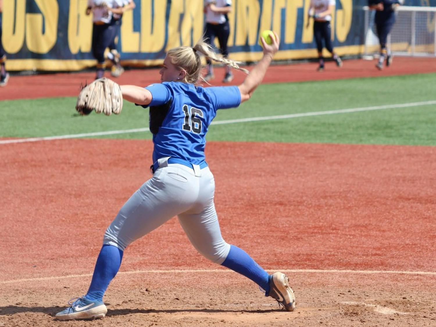 Senior pitcher Ally Power winds up to throw. Power went five innings, surrendering two runs and striking out four as the Bulls lost game one of their doubleheader.