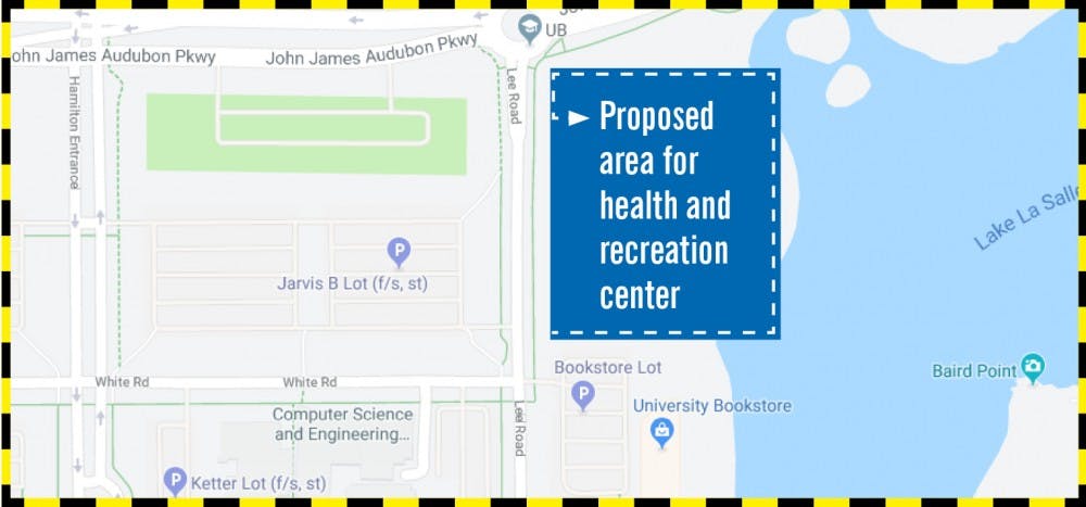 <p>The new North Campus health and recreation center is planned to be built along Lee Road by Lake LaSalle.</p>
