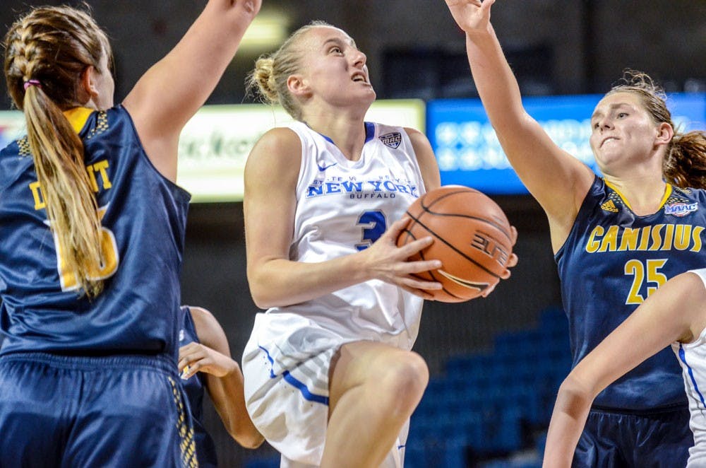<p>Sophomore guard Liisa Ups goes for a layup in a 54-40 victory over&nbsp;Canisius&nbsp;in Alumni Arena on Nov. 17. The Bulls' undefeated season came to an end Thursday with a 79-36 loss to Hofstra.&nbsp;</p>