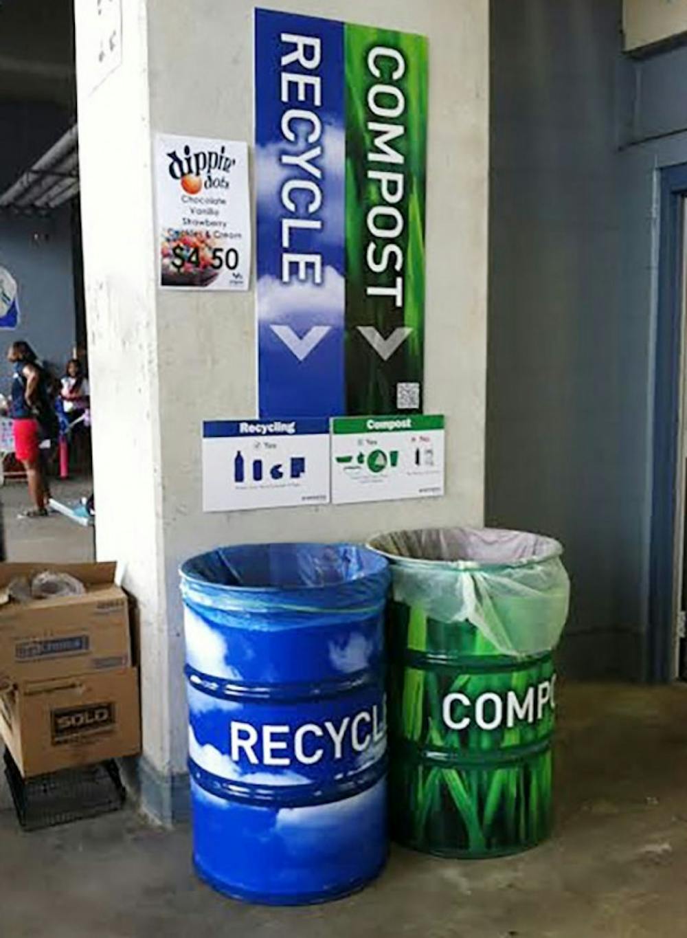 &nbsp; &nbsp; The Environmental Network and the
Office of Sustainability are working to make
UB a Zero Waste university - one in which all
of the campus&rsquo; waste is diverted
from a landfill. Efforts like installing
more recycling and compost
bins at UB Stadium encourage students
to help make a difference in global climate change.
Courtesy of Holly Kistner