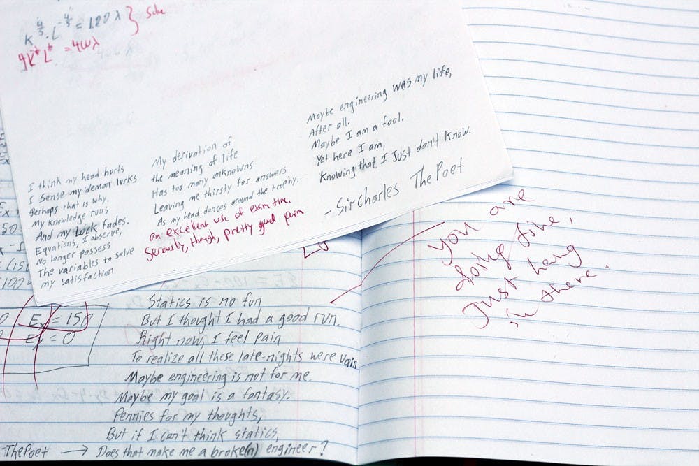 Charles' ebook, called How I Escaped Engineering School, is composed of poems written during his struggle as an engineering major. Some of the poems were written on his past exams and quizzes, some with notes from the grader.