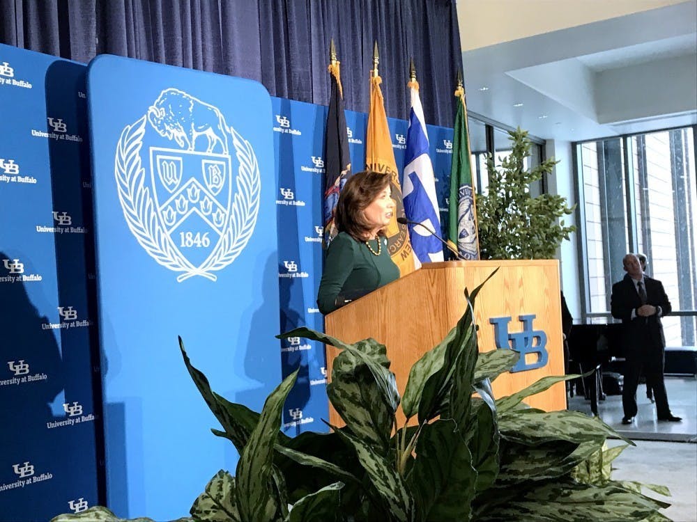 New York State Gov. Kathy Hochul speaks to attendees at the grand opening of the
Jacobs School of Medicine and Biomedical Sciences’ downtown campus.