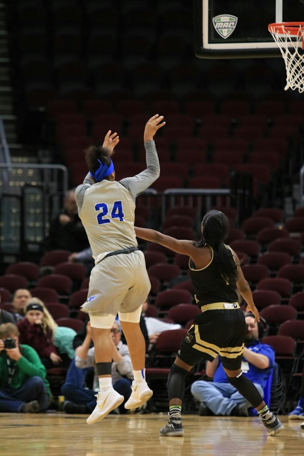 <p>Junior guard Cierra Dillard takes a shot on Western Michigan. The Bulls moved on to the MAC tournament finals on Friday and will play in the championship game on Saturday at 11 a.m.</p>