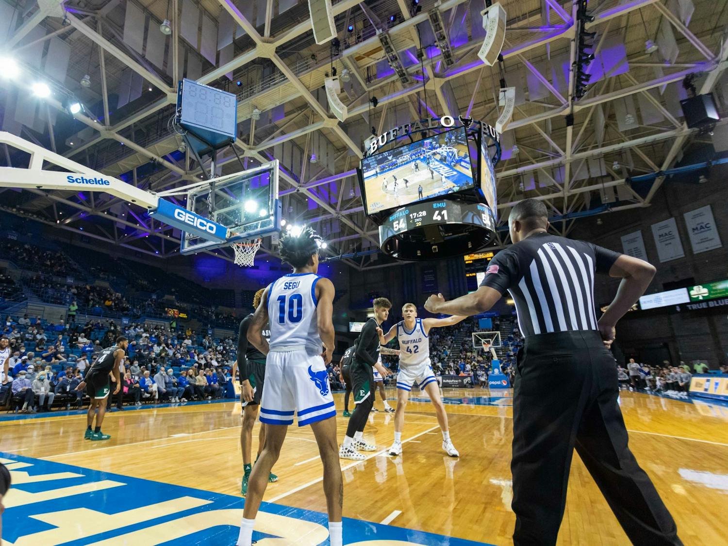 Senior guard Renaldo Segu inbounds the ball against the Eastern Michigan Eagles at Alumni Arena earlier this season.