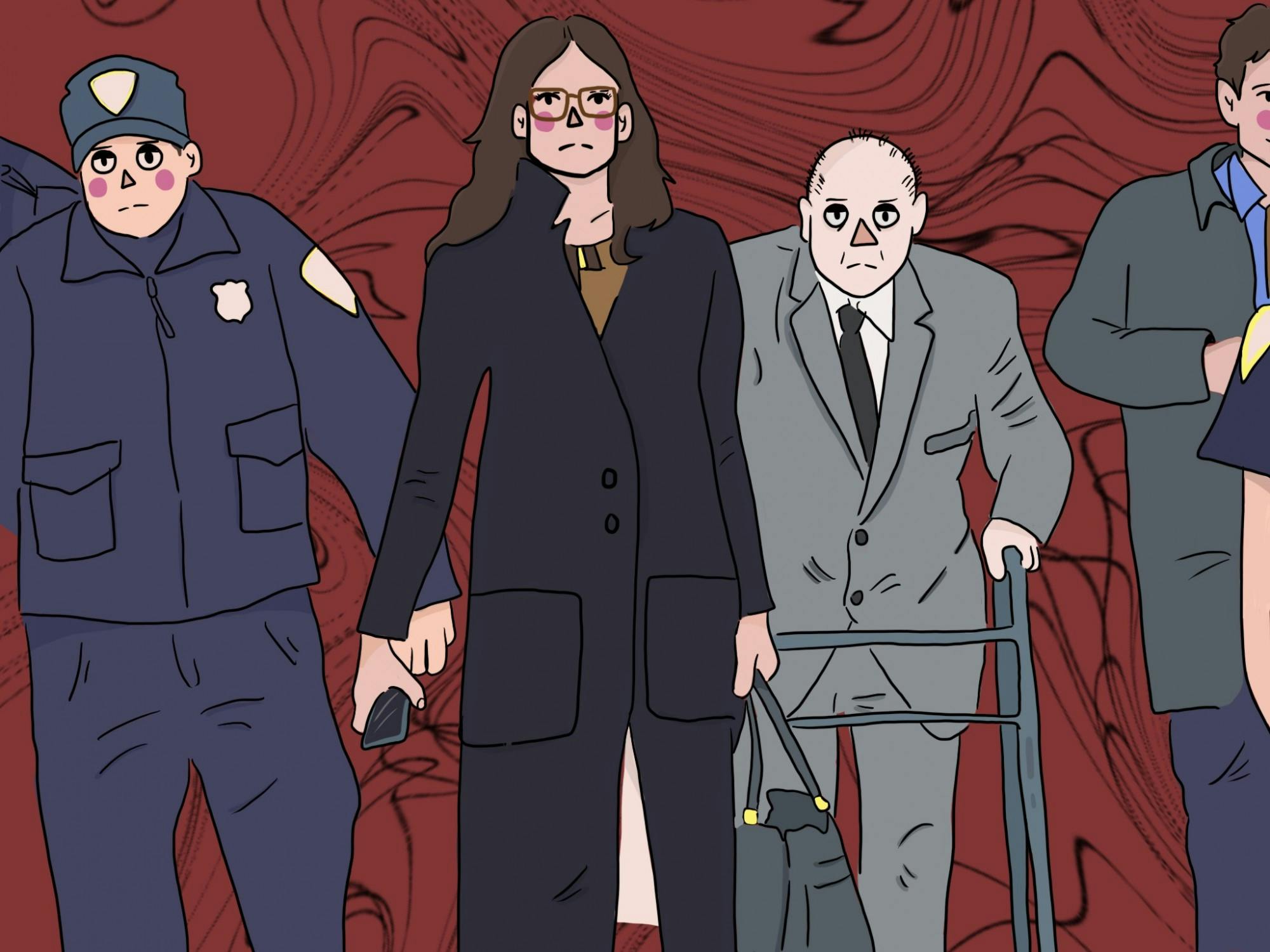 Drawing of Harvey Weinstein leaving court with his lawyer, Donna Rotunno.