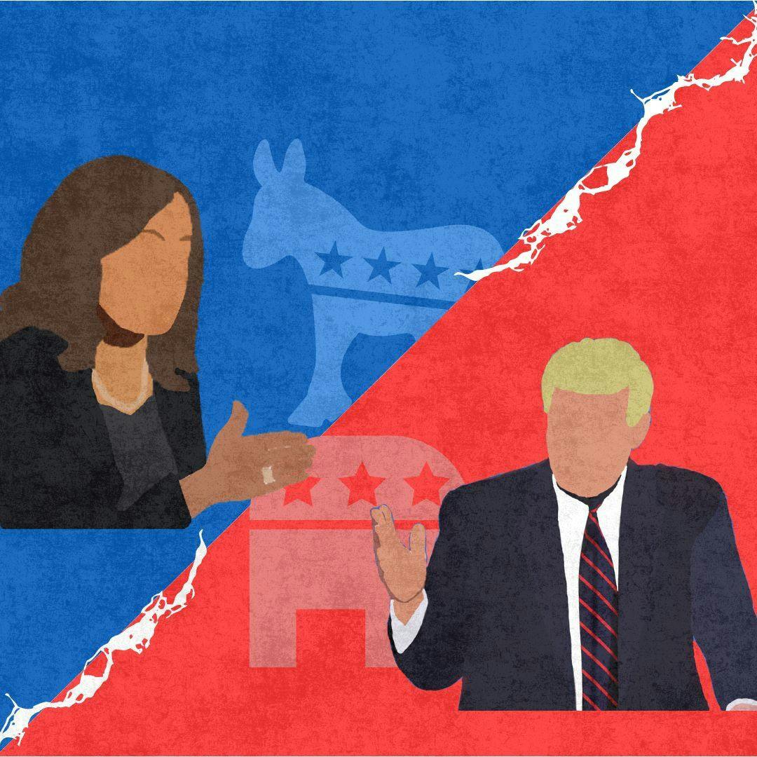 A graphic depicting presidential candidates Kamala Harris and Donald Trump.