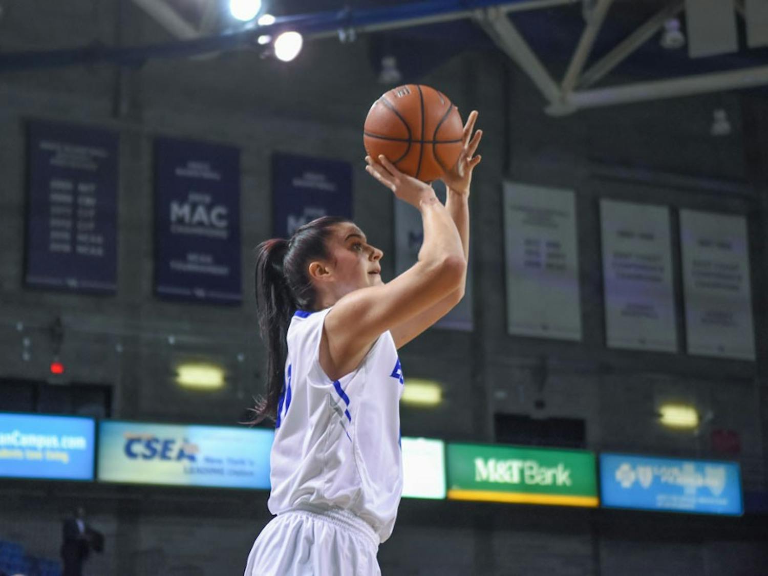 Junior center Cassie Oursler takes a shot. Oursler had a significant impact for the Bulls during Saturday's game while defending inside.