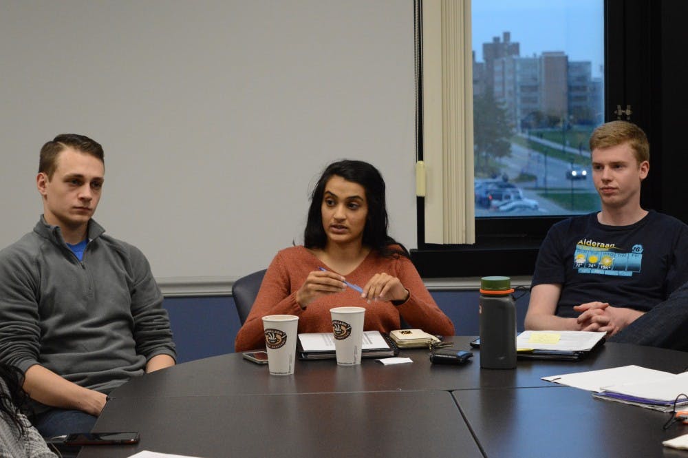<p>(From left to right) Student Association Vice President Sean Kaczmarek, President Minahil Khan and Treasurer Joe Pace during Wednesday's special forum with the senate. The meeting was held in light of last week's senate chair election controversy.  </p>