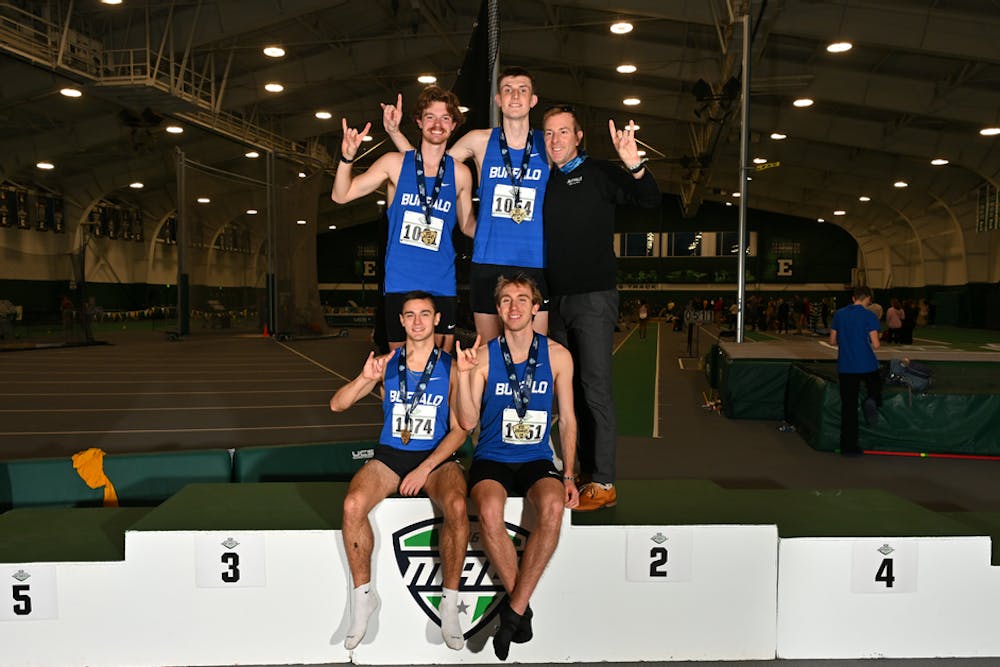 <p>UB claimed first in the men’s 4000m DMR, narrowly edging out Kent State by two seconds with a time of 9:56.10.&nbsp;</p>