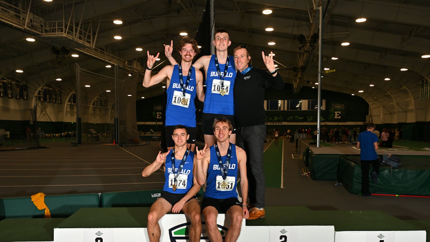 UB claimed first in the men’s 4000m DMR, narrowly edging out Kent State by two seconds with a time of 9:56.10.&nbsp;