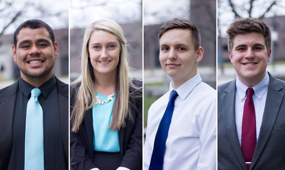 <p>(From left to right) Matt Rivera and Megan Glander of Progress, and Maximillian Budynek and Daniel Christian of Transparency are the candidates for this year's Student Association elections.&nbsp;</p>